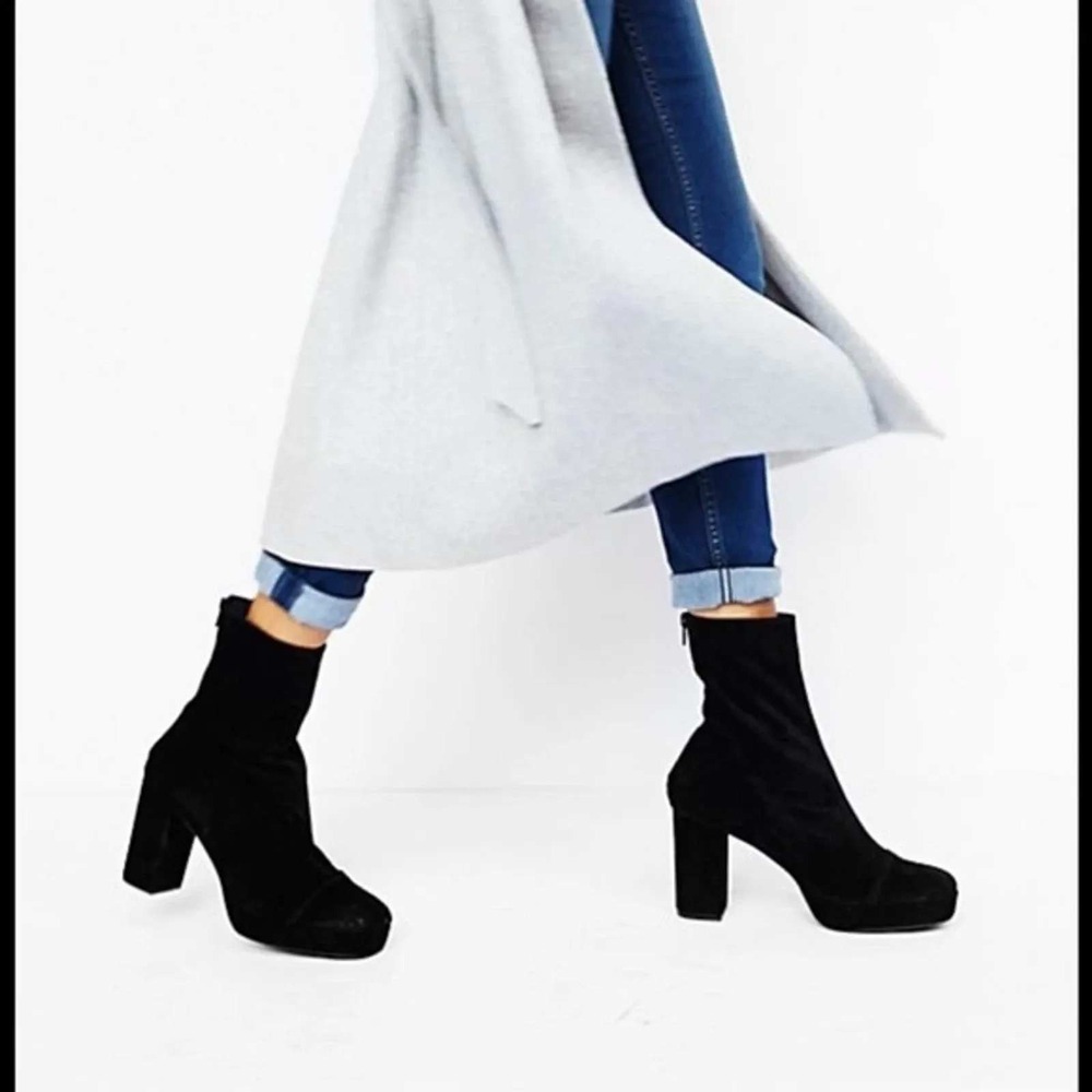 Free People Day For Night Ankle Boot Sz 6 Black Suede Back Zip Block Heel Square